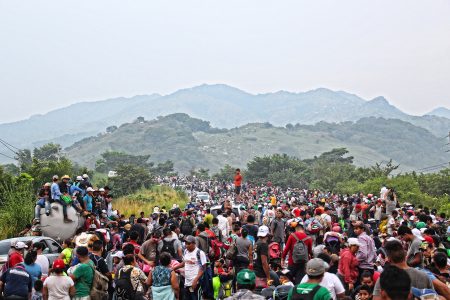 Central american migrant caravan passing by Chiapas, Mexico on their way to United States. 2018.